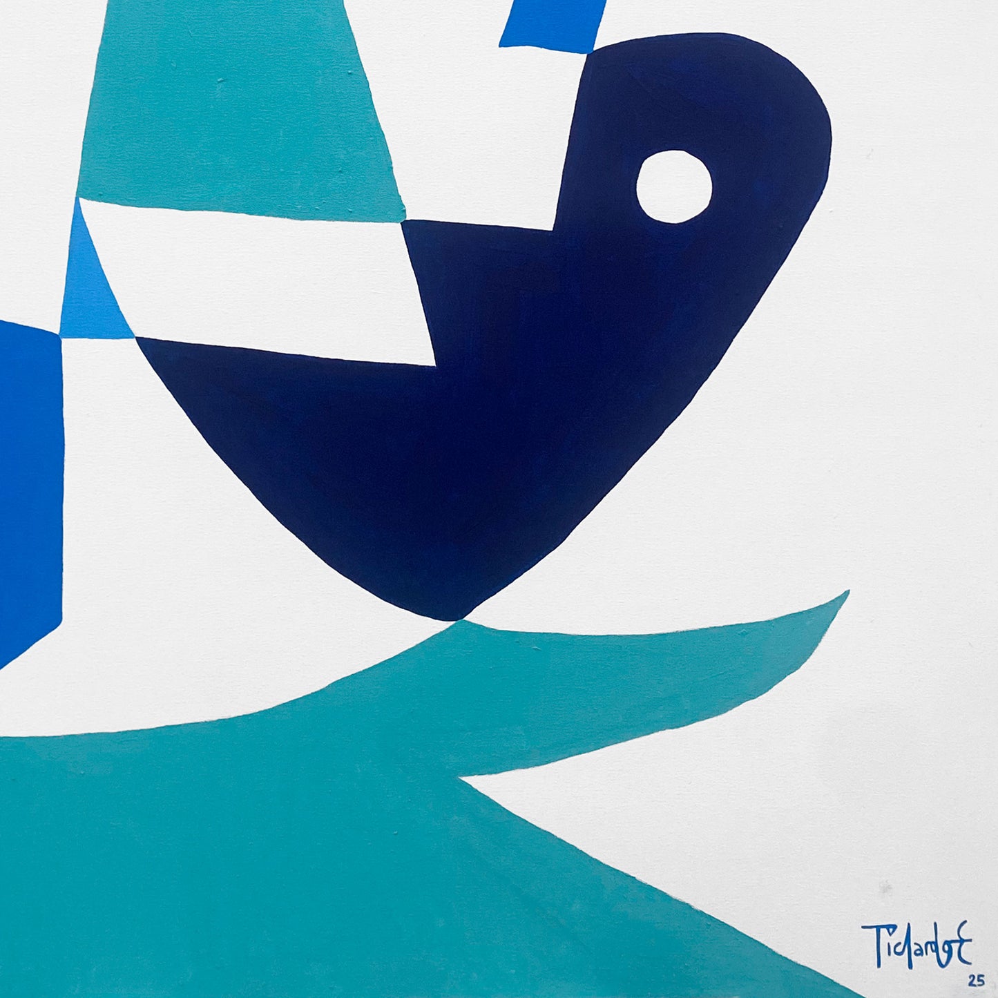 Personaje azul en fondo blanco