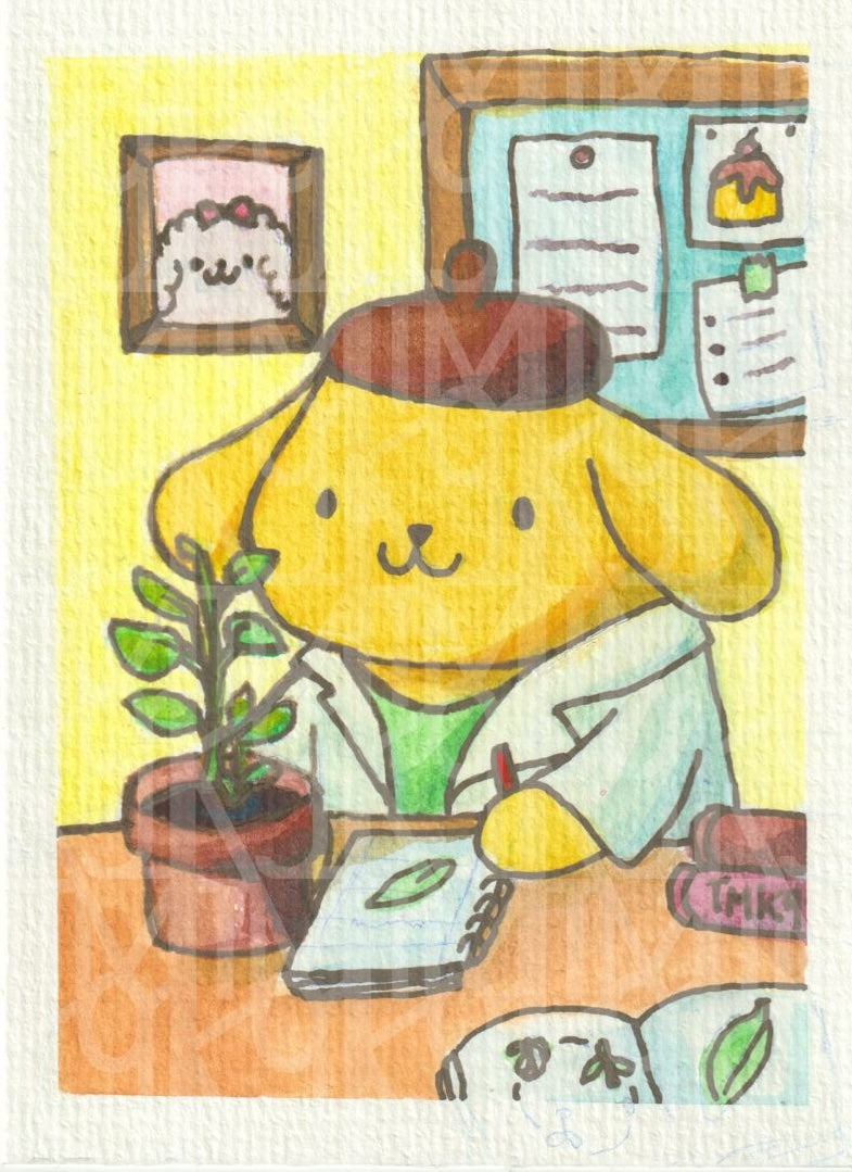 Pompompurin Biólogo Kawaii en Acuarela | Cute Scientist Dog Art | Ilustración Original | 9.5x13 cm