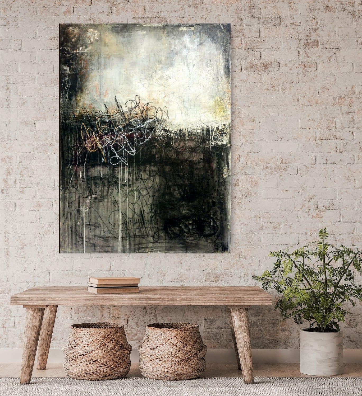 “Cartas a la luz de la luna” evoca una atmósfera íntima y onírica; líneas caóticas emergen del negro profundo hacia una luz tenue, como secretos susurrados en la penumbra del alma.