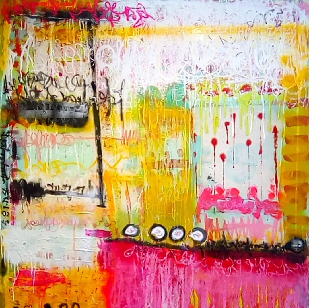 "Colores del Alma": explosión vibrante de rayas multicolores que fluyen como emociones; el rosa domina, envolviendo el lienzo en una atmósfera de ternura, fuerza y conexión espiritual.