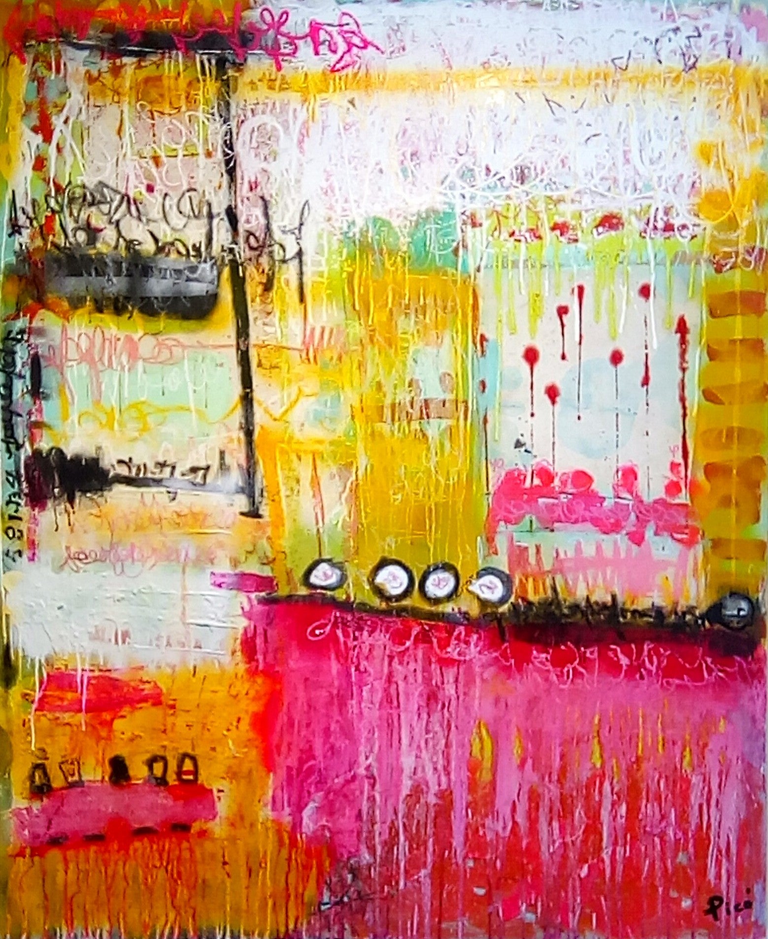 "Colores del Alma": explosión vibrante de rayas multicolores que fluyen como emociones; el rosa domina, envolviendo el lienzo en una atmósfera de ternura, fuerza y conexión espiritual.