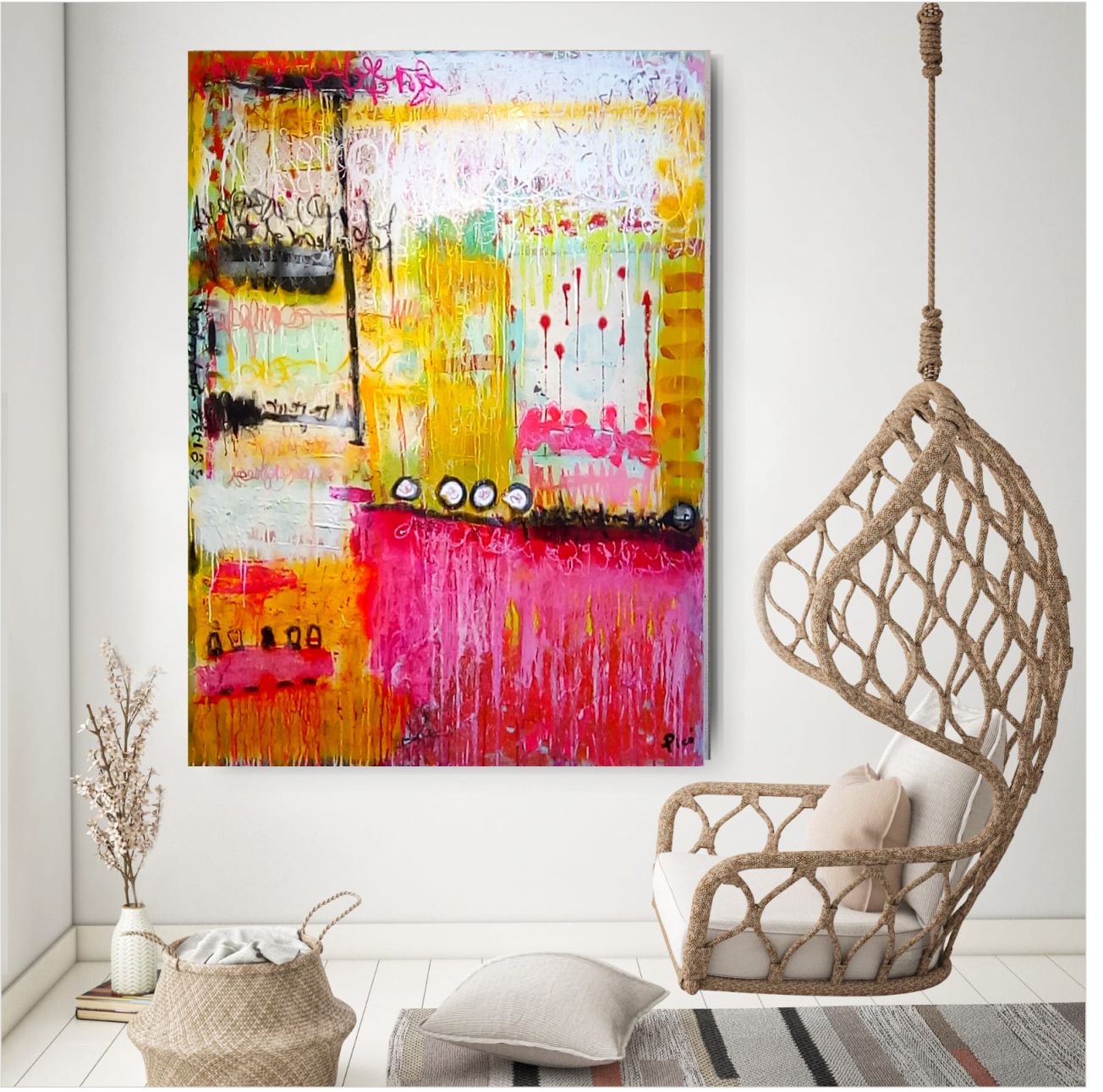 "Colores del Alma": explosión vibrante de rayas multicolores que fluyen como emociones; el rosa domina, envolviendo el lienzo en una atmósfera de ternura, fuerza y conexión espiritual.