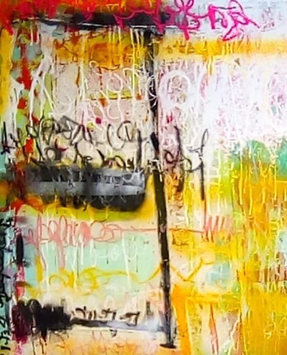 "Colores del Alma": explosión vibrante de rayas multicolores que fluyen como emociones; el rosa domina, envolviendo el lienzo en una atmósfera de ternura, fuerza y conexión espiritual.