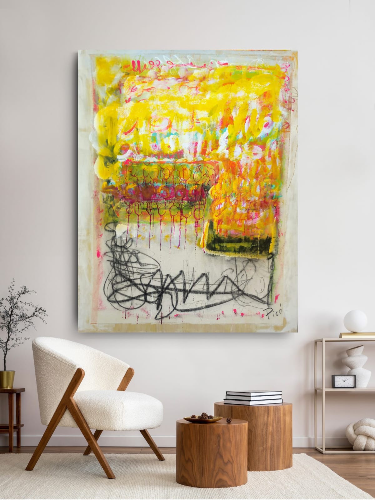 La obra presenta un estallido de colores intensos que exploran la interacción entre lo abstracto y lo figurativo. El uso dominante del amarillo, junto con los toques de rosa y naranja, genera una sensación de luminosidad y dinamismo, mientras que las líneas negras al pie del cuadro añaden una dimensión de caos controlado. La técnica gestual empleada en las pinceladas y trazos refleja una actitud intuitiva y espontánea, que es a la vez expresiva y desafiante.