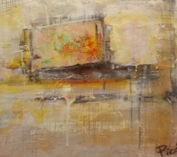 *Mirada Nostálgica* utiliza la técnica mixta con encaústica para evocar una sensación de introspección y melancolía. La paleta suave y las formas difusas sugieren recuerdos vagos y fragmentados. La textura rica de la encaústica refuerza la idea de la memoria atemporal y el paso del tiempo.