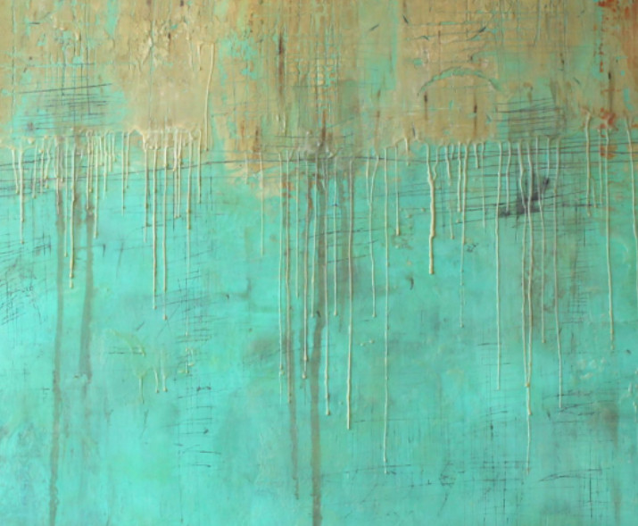 *Mar Turquesa* es una obra de técnica mixta con encaústica que transmite la quietud del mar. La transición suave entre el oro y el turquesa, junto con las gotas de cera, crea una sensación de fluidez y serenidad, mientras que las texturas sutiles sugieren la profundidad y la vastedad del océano.