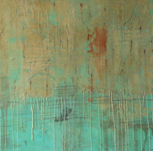 *Mar Turquesa* es una obra de técnica mixta con encaústica que transmite la quietud del mar. La transición suave entre el oro y el turquesa, junto con las gotas de cera, crea una sensación de fluidez y serenidad, mientras que las texturas sutiles sugieren la profundidad y la vastedad del océano.