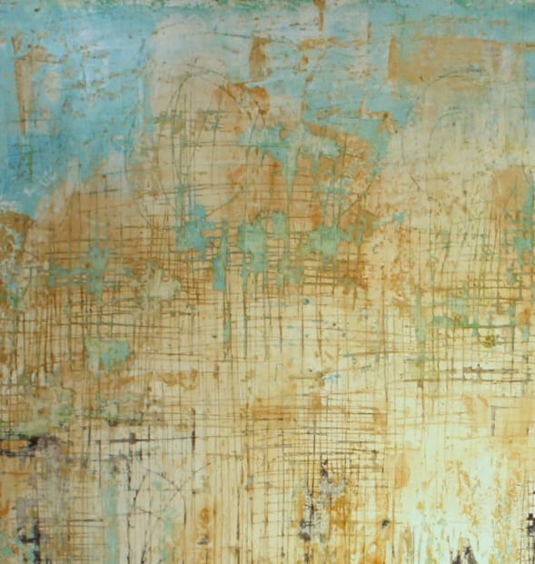 *Mar y Tierra*, en técnica mixta con encaústica, fusiona los elementos del agua y la tierra. Los tonos suaves de azul y terracota, junto con las texturas entrelazadas, representan la interacción fluida entre ambos. Las capas de cera y las marcas lineales sugieren un paisaje de memoria natural y profunda.