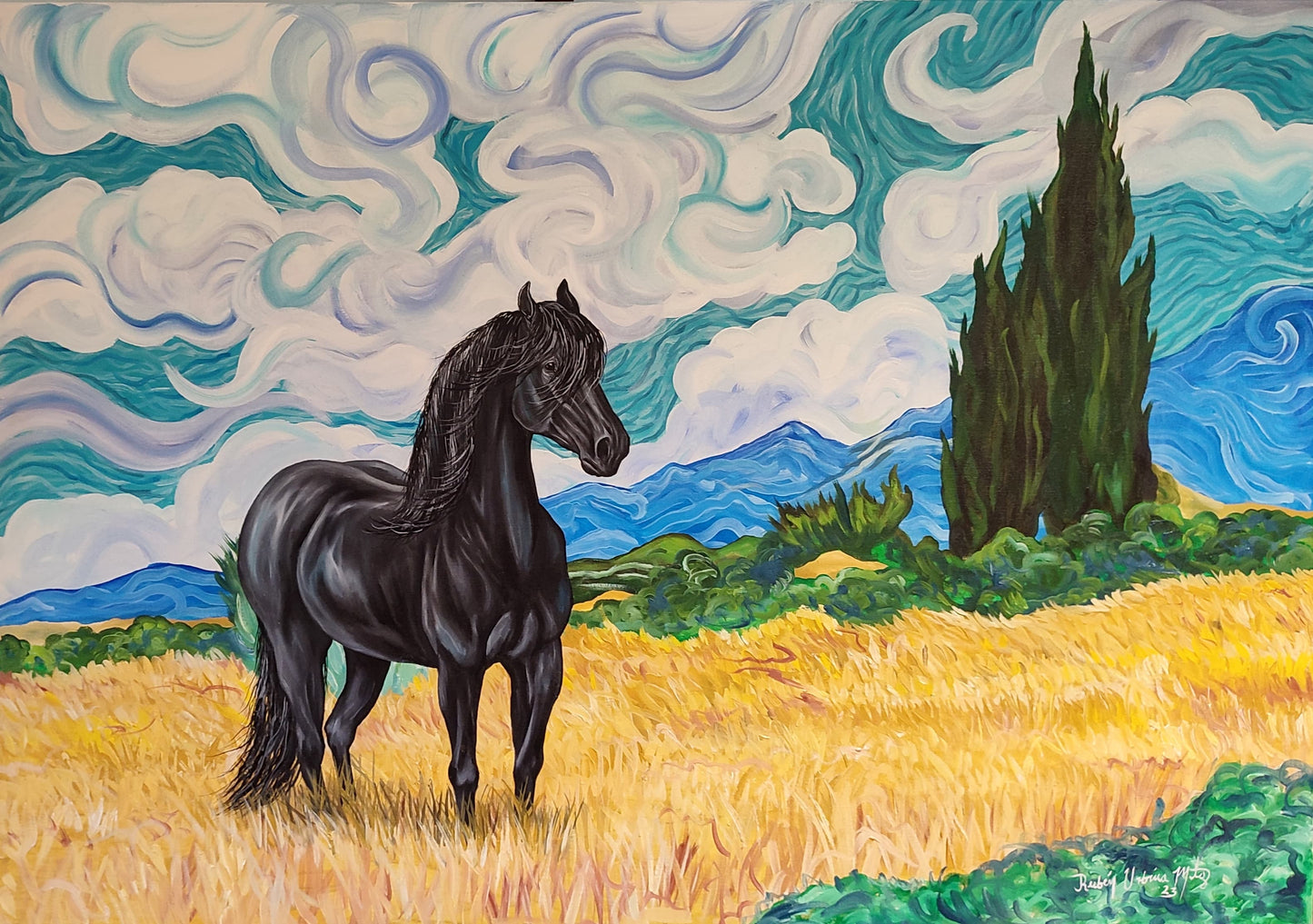 Paisajes de cipreses a caballo