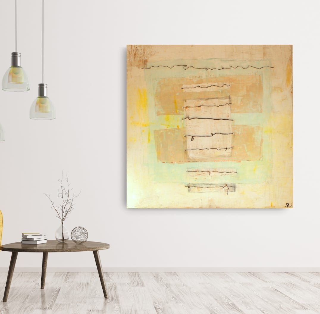 "Escritos en alambre" es un cuadro etéreo donde finos alambres trazan palabras suspendidas en el aire, sobre un fondo de suaves colores pastel que evocan silencio, memoria y delicadeza.