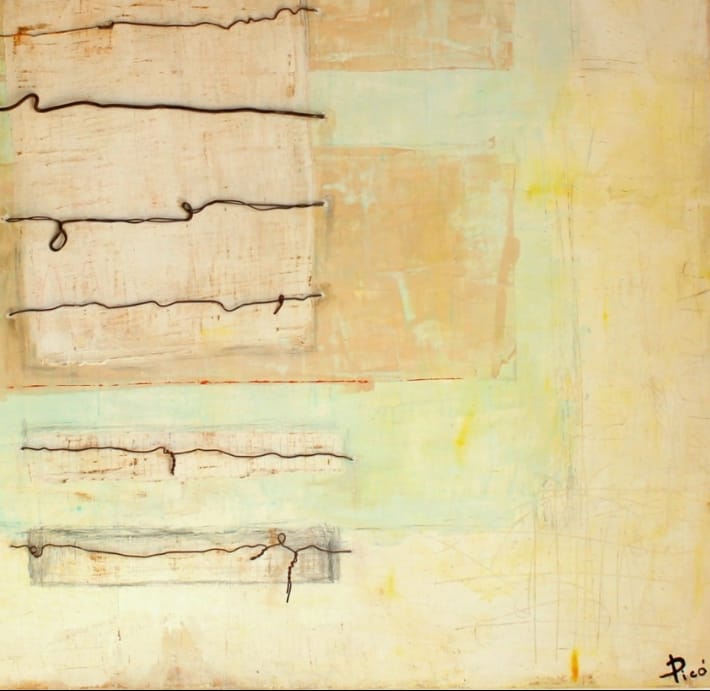 "Escritos en alambre" es un cuadro etéreo donde finos alambres trazan palabras suspendidas en el aire, sobre un fondo de suaves colores pastel que evocan silencio, memoria y delicadeza.