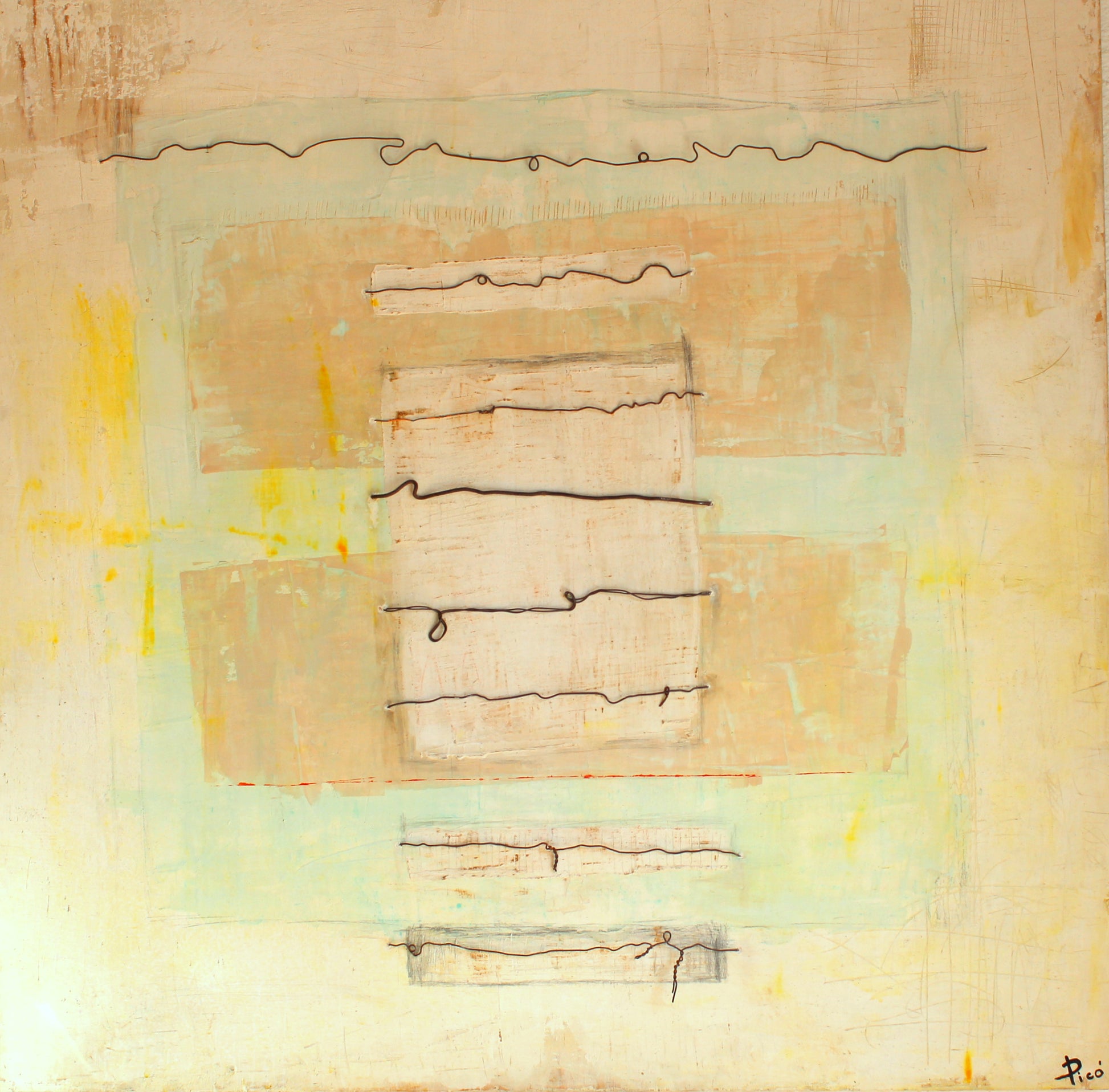 "Escritos en alambre" es un cuadro etéreo donde finos alambres trazan palabras suspendidas en el aire, sobre un fondo de suaves colores pastel que evocan silencio, memoria y delicadeza.