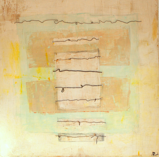 "Escritos en alambre" es un cuadro etéreo donde finos alambres trazan palabras suspendidas en el aire, sobre un fondo de suaves colores pastel que evocan silencio, memoria y delicadeza.