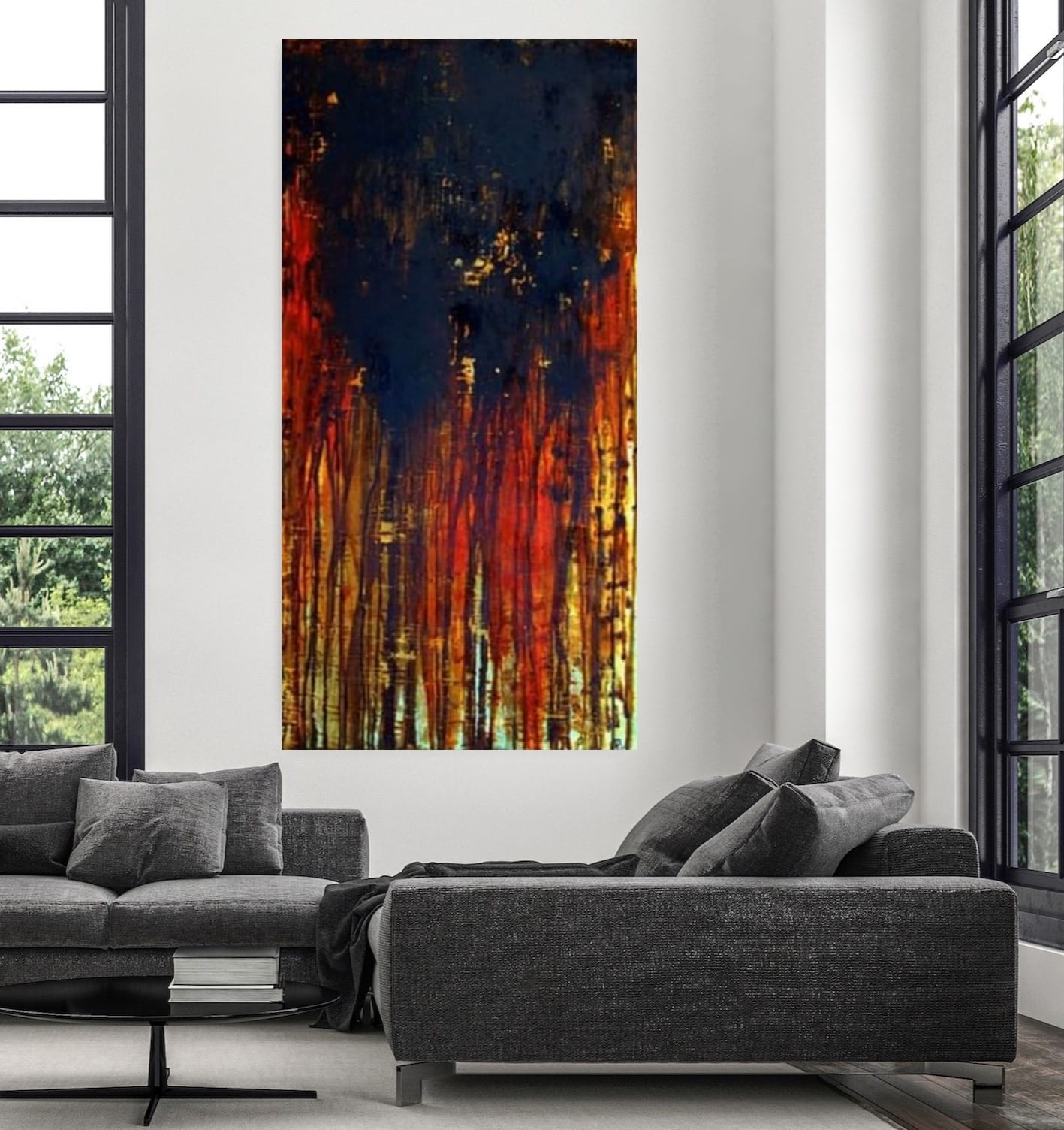 “Diálogos entre colores” es un canto visual donde el fuego y la noche se encuentran. Los tonos cálidos ascienden como raíces encendidas que buscan respuestas en la vastedad oscura.