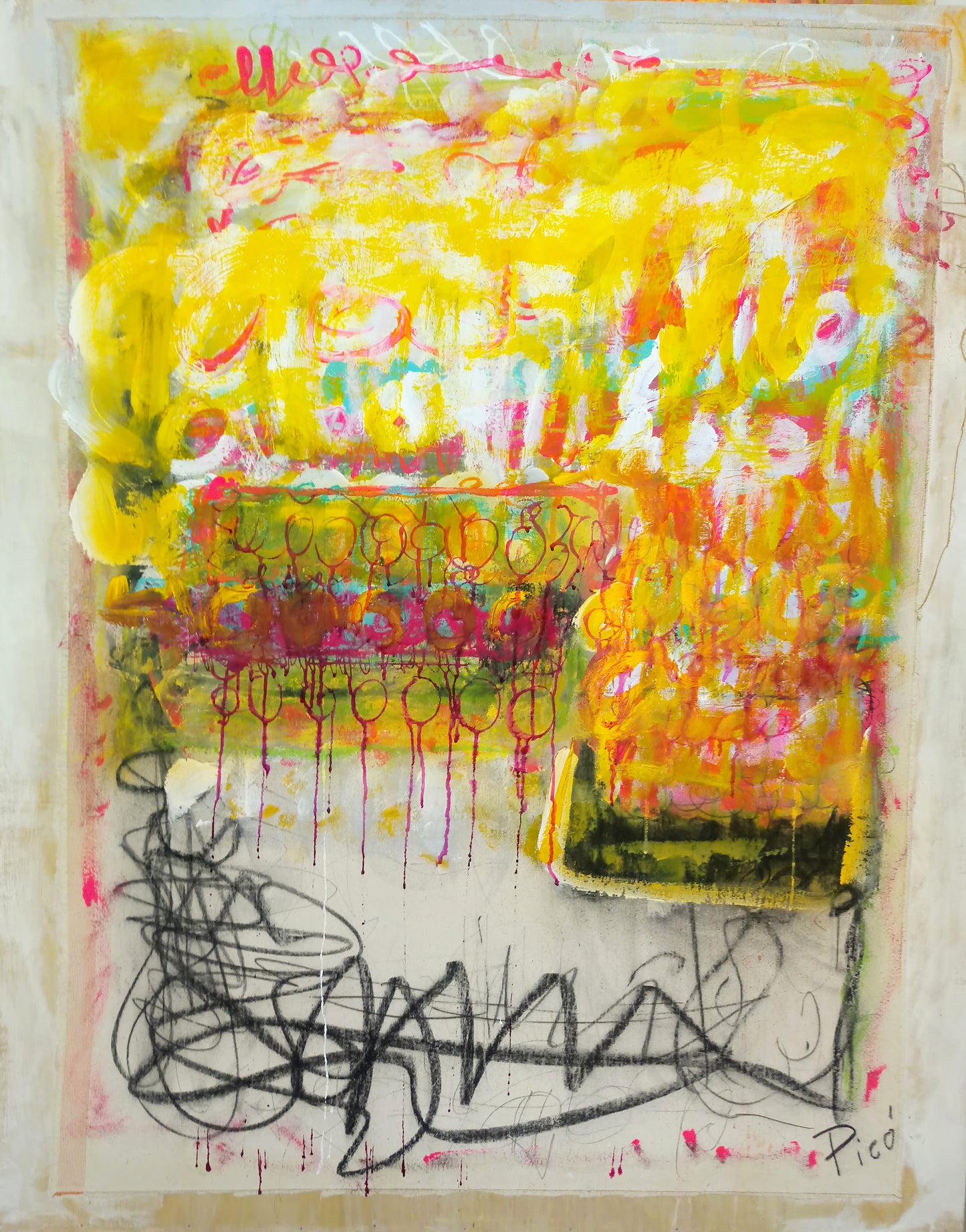La obra presenta un estallido de colores intensos que exploran la interacción entre lo abstracto y lo figurativo. El uso dominante del amarillo, junto con los toques de rosa y naranja, genera una sensación de luminosidad y dinamismo, mientras que las líneas negras al pie del cuadro añaden una dimensión de caos controlado. La técnica gestual empleada en las pinceladas y trazos refleja una actitud intuitiva y espontánea, que es a la vez expresiva y desafiante.