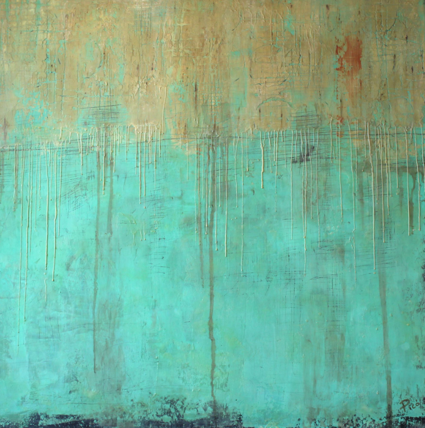 *Mar Turquesa* es una obra de técnica mixta con encaústica que transmite la quietud del mar. La transición suave entre el oro y el turquesa, junto con las gotas de cera, crea una sensación de fluidez y serenidad, mientras que las texturas sutiles sugieren la profundidad y la vastedad del océano.