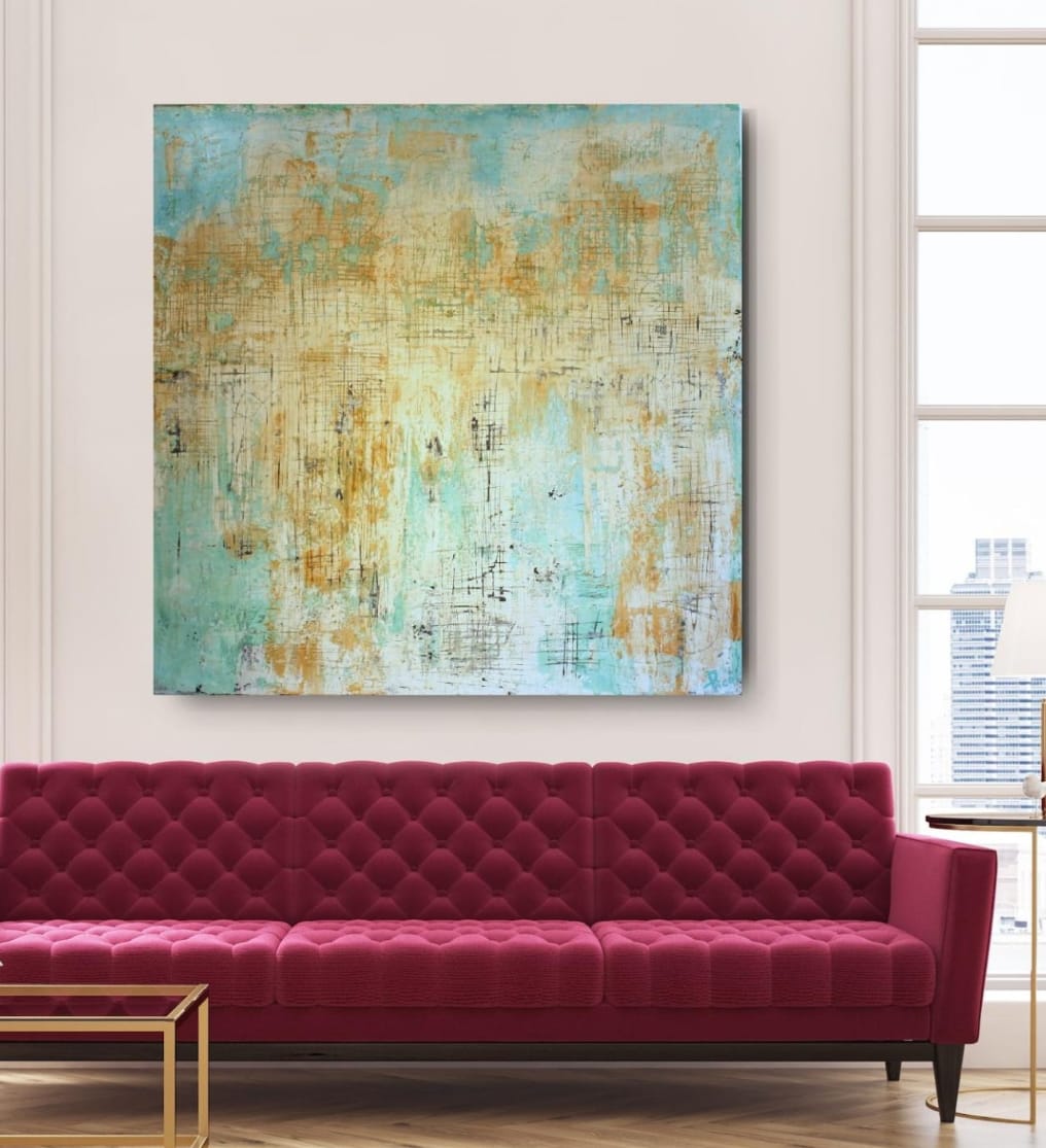 *Mar y Tierra*, en técnica mixta con encaústica, fusiona los elementos del agua y la tierra. Los tonos suaves de azul y terracota, junto con las texturas entrelazadas, representan la interacción fluida entre ambos. Las capas de cera y las marcas lineales sugieren un paisaje de memoria natural y profunda.