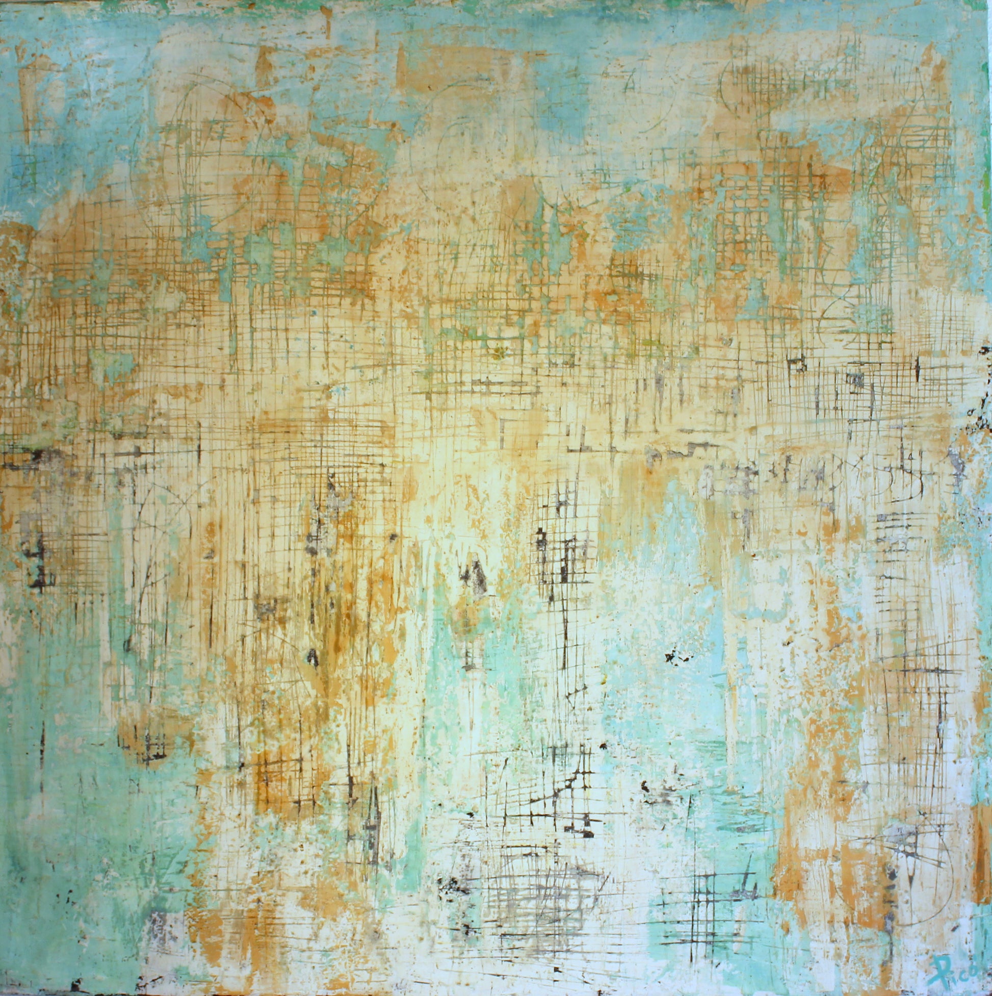 *Mar y Tierra*, en técnica mixta con encaústica, fusiona los elementos del agua y la tierra. Los tonos suaves de azul y terracota, junto con las texturas entrelazadas, representan la interacción fluida entre ambos. Las capas de cera y las marcas lineales sugieren un paisaje de memoria natural y profunda.