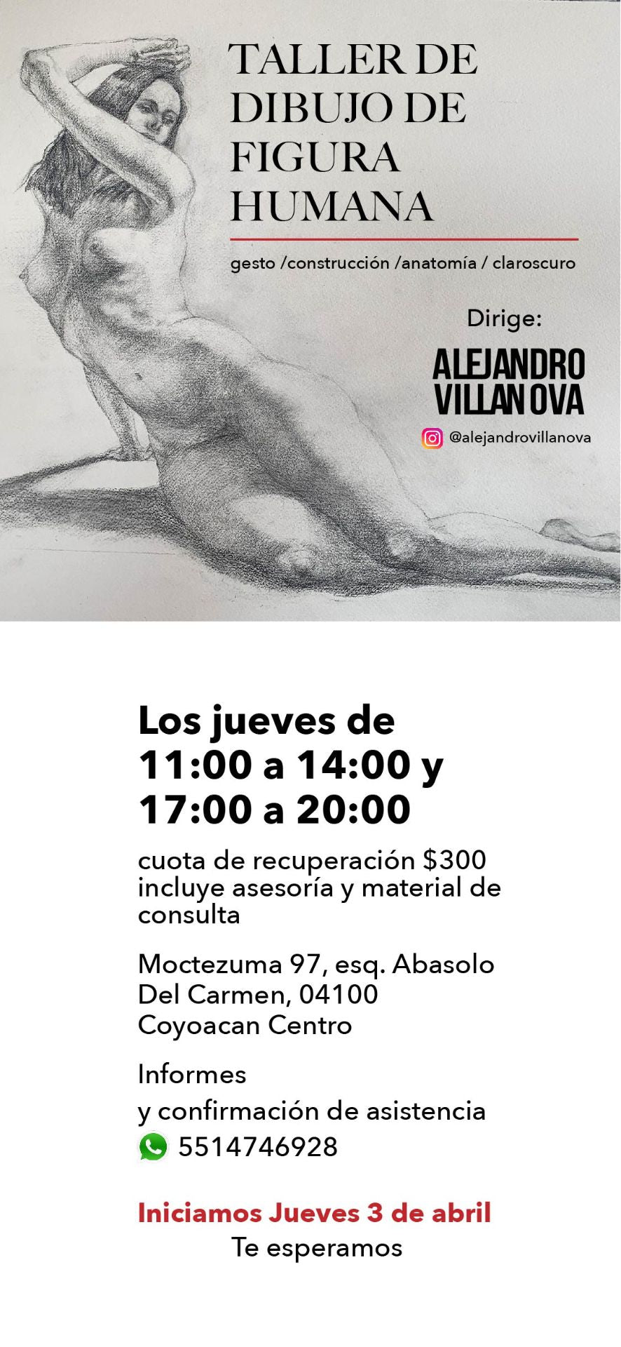 TALLER de Dibujo de Figura Humana con Modelo con Alejandro Villanova / CDMX
