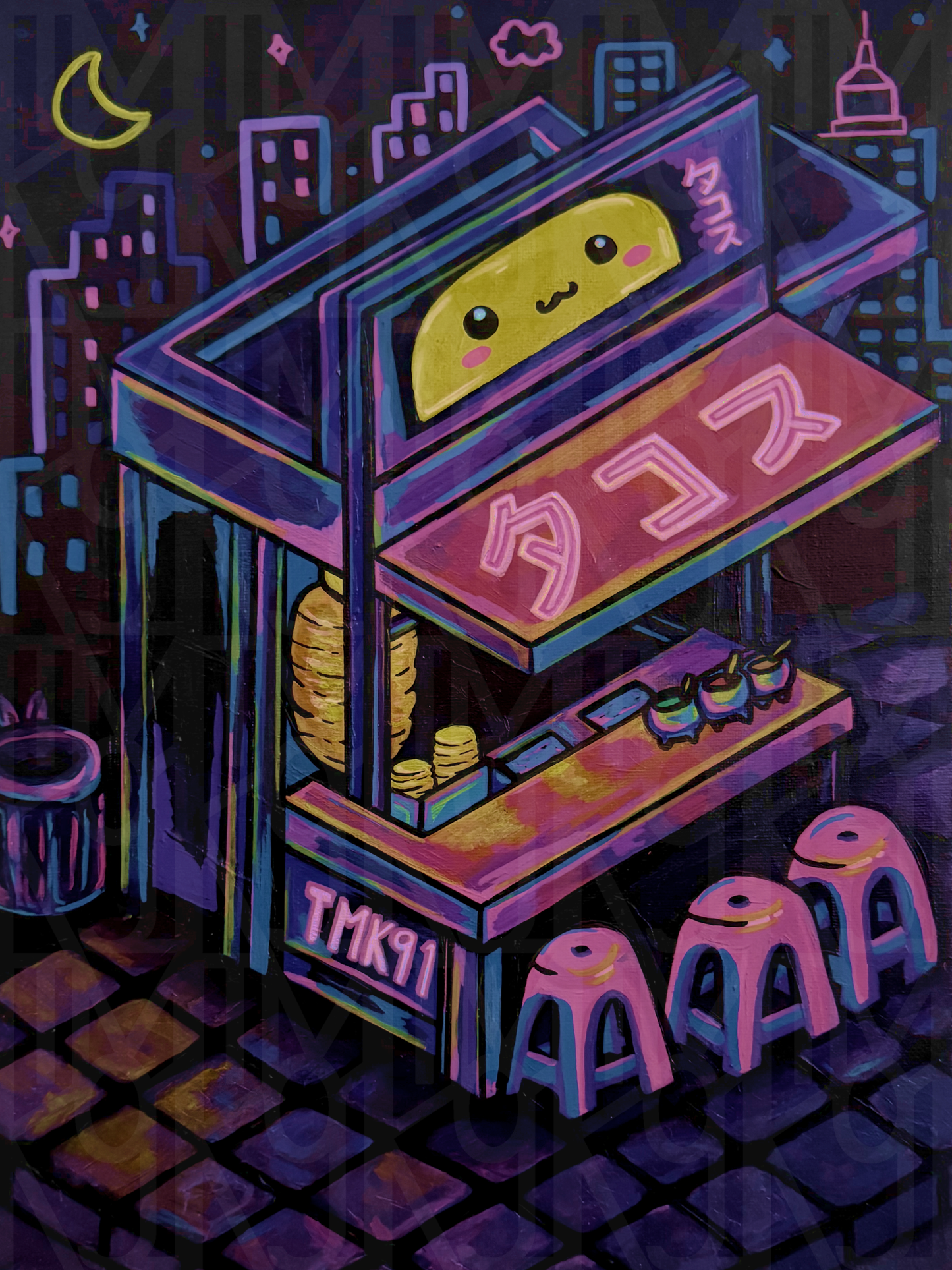 Taquitos Kawaii Neon Ciudad Neon Pintura Acrilica Original Obra de Arte