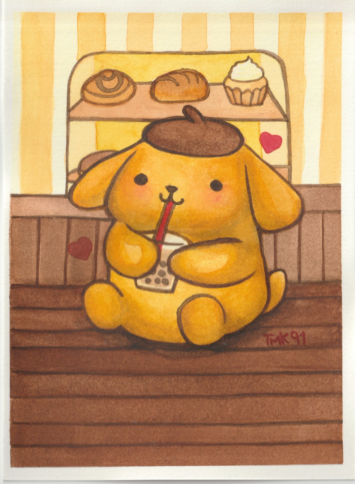 Pompomboba | Original Kawaii Café Watercolour Painting