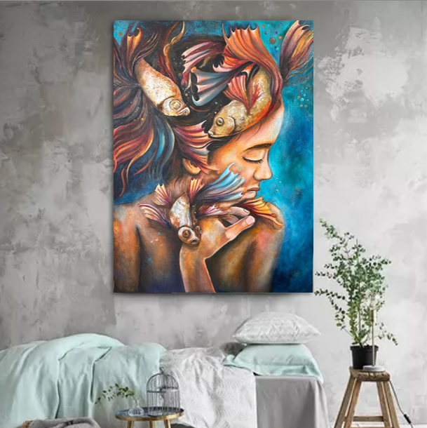 Técnica: Mixta sobre lienzo
Medidas: 100 x 80 cm
En esta obra, el rostro sereno de una mujer se funde con peces de aletas vibrantes que evocan movimiento, libertad y conexión con el mundo acuático. Los contrastes de azules profundos y tonos cálidos crean una atmósfera onírica y poética, donde lo humano y lo natural se entrelazan en armonía.