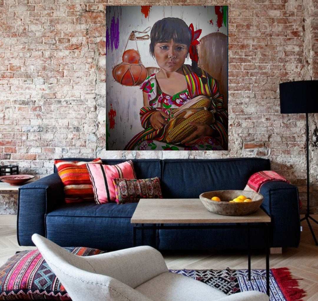 Niña con bule y elotes