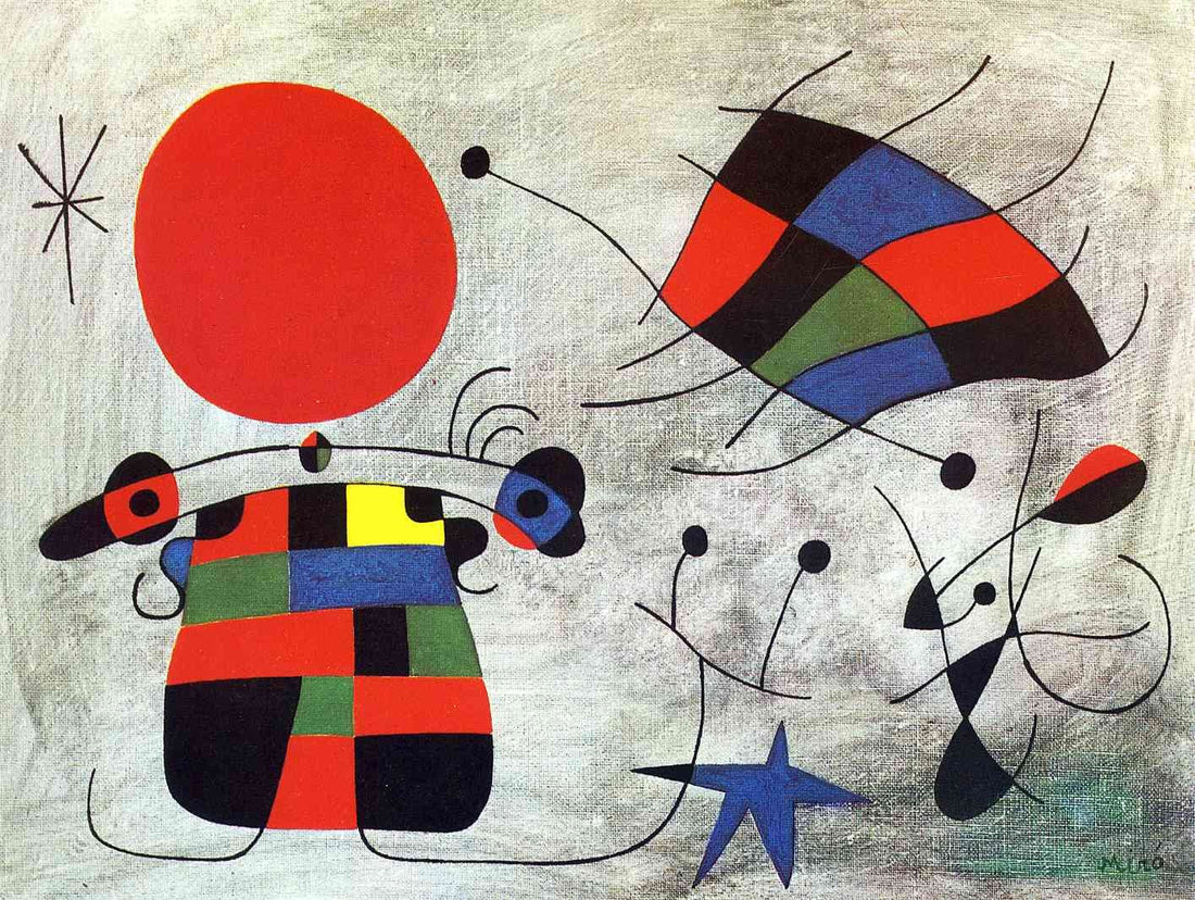 Obra inspirada en el lenguaje onírico y surrealista de Joan Miró con colores primarios y formas geométricas flotantes