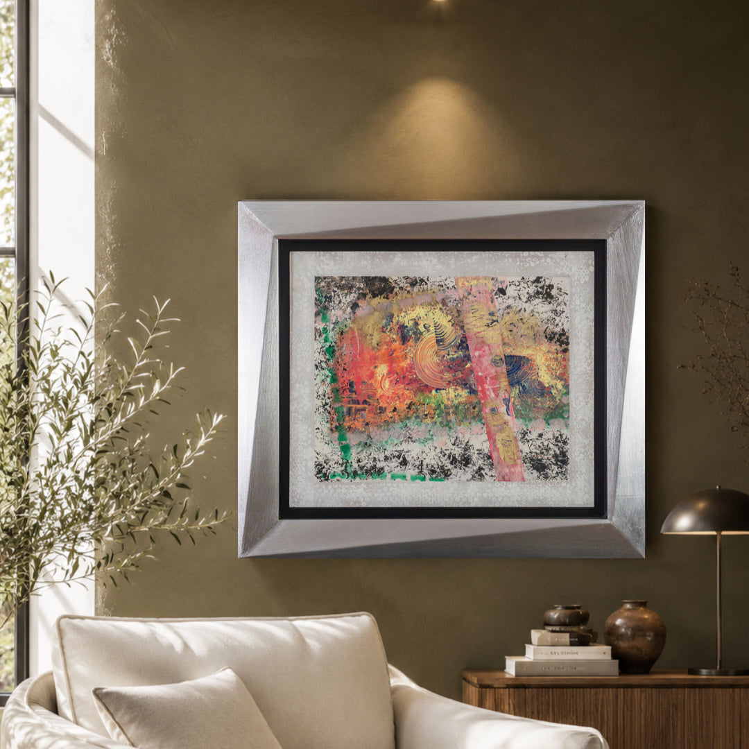 Obra abstracta de técnica mixta con texturas orgánicas sobre un marco de diseño tridimensional plateado - Obra decorativa - Etereo