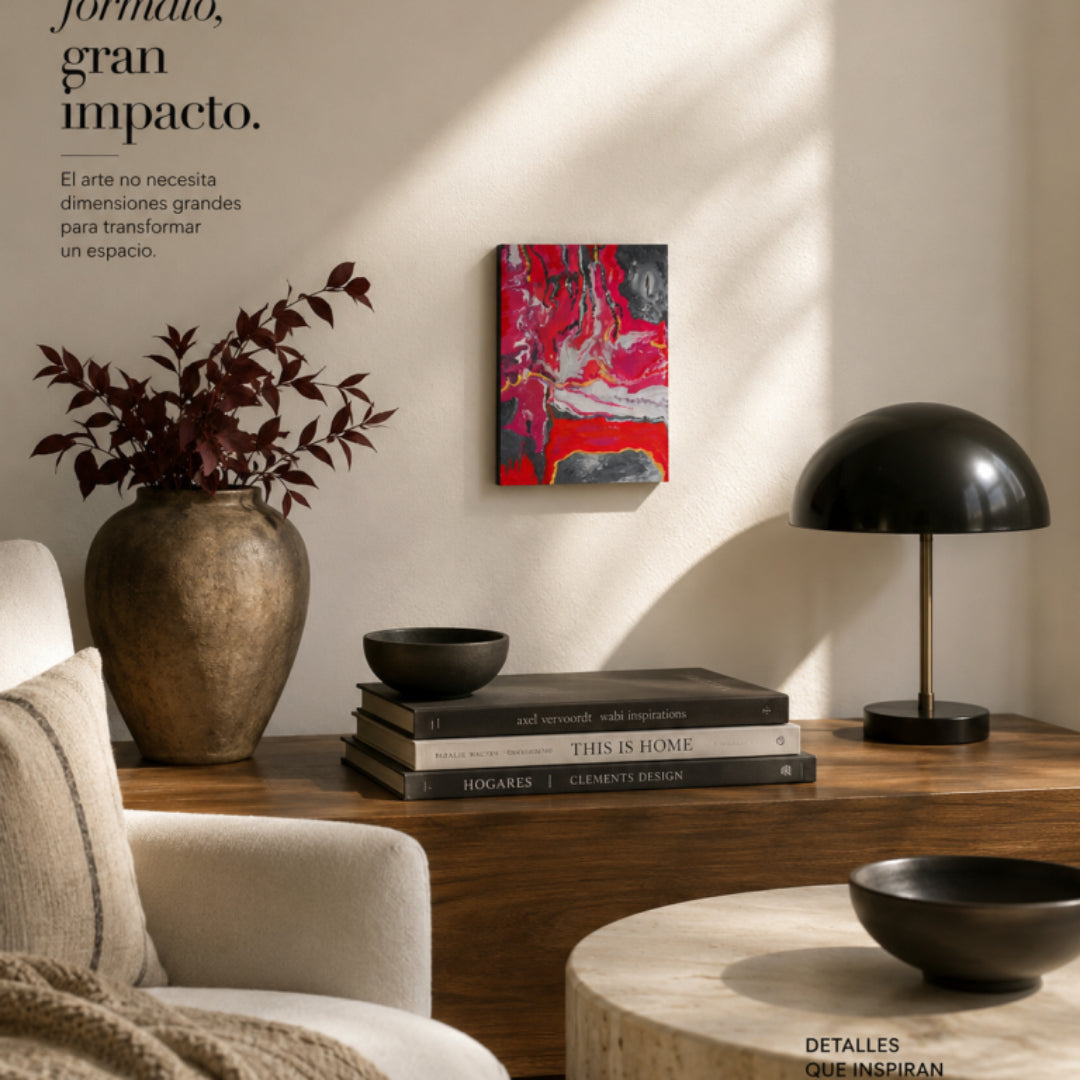 Pintura abstracta fluida en tonos magenta y plata con líneas doradas en relieve - Arte Contemporáneo - Fuego roto