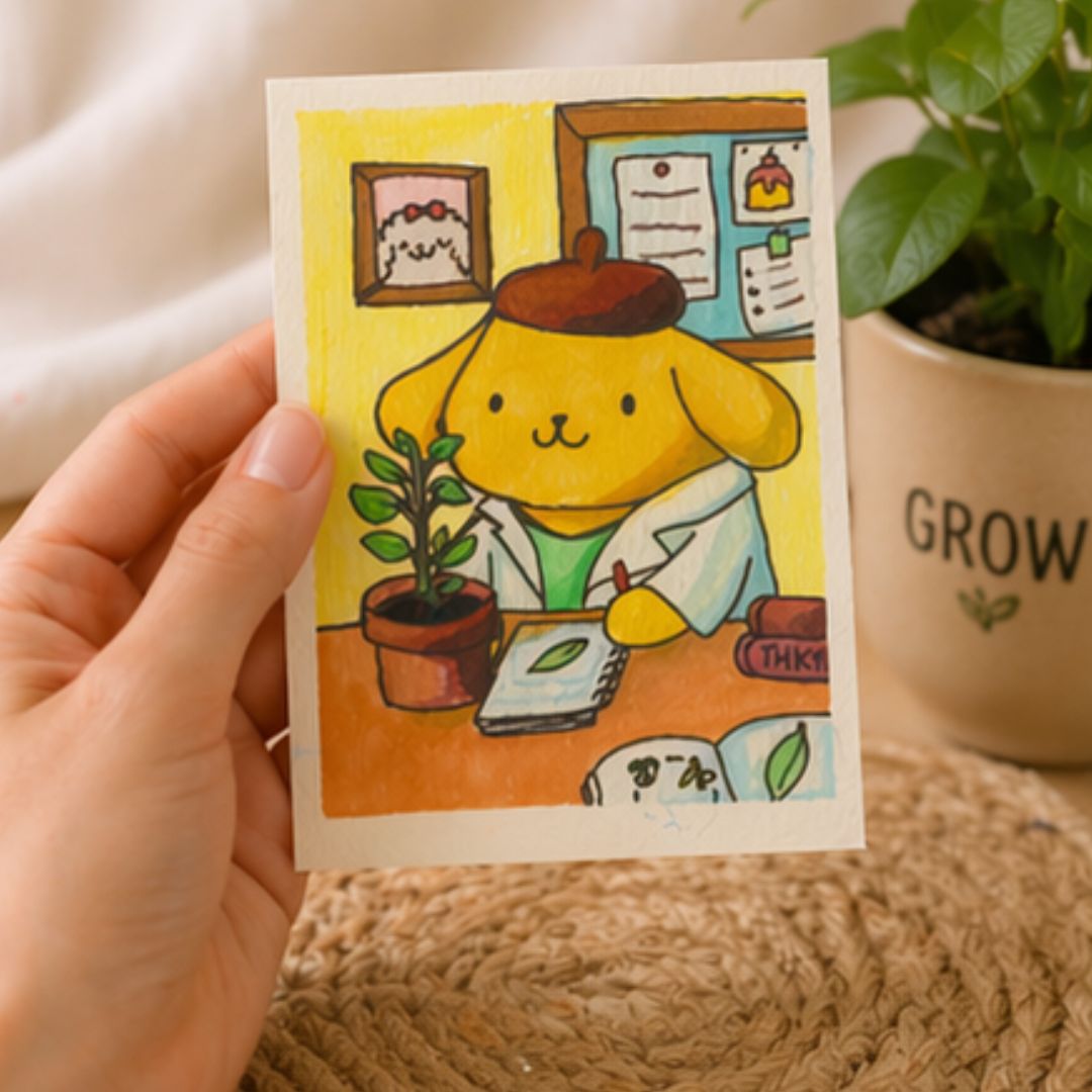 Pompompurin Biólogo Kawaii en Acuarela | Cute Scientist Dog Art | Ilustración Original | 9.5x13 cm