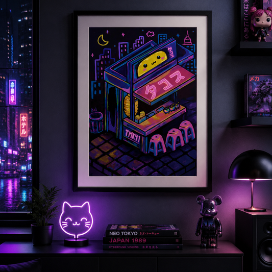 Taquitos Kawaii Neon Ciudad Neon Pintura Acrilica Original Obra de Arte