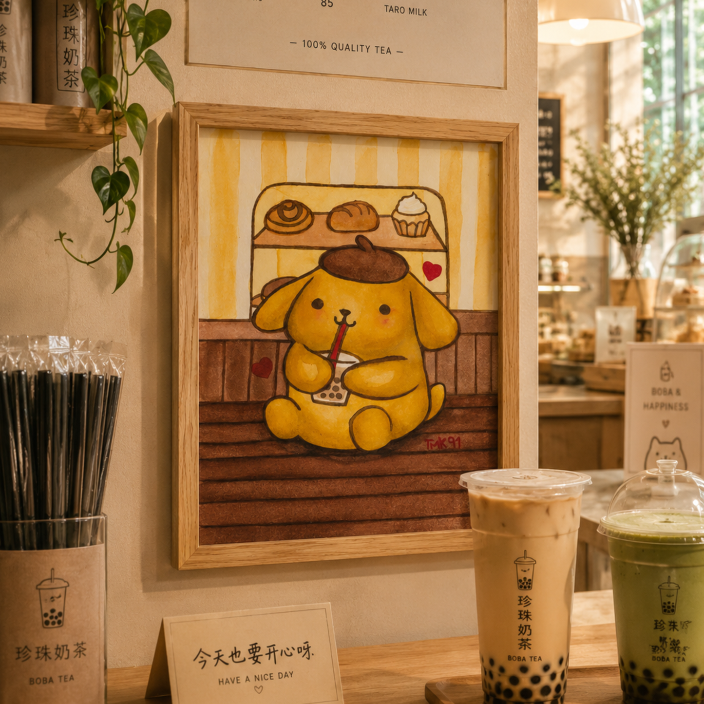 Pompomboba | Original Kawaii Café Watercolour Painting