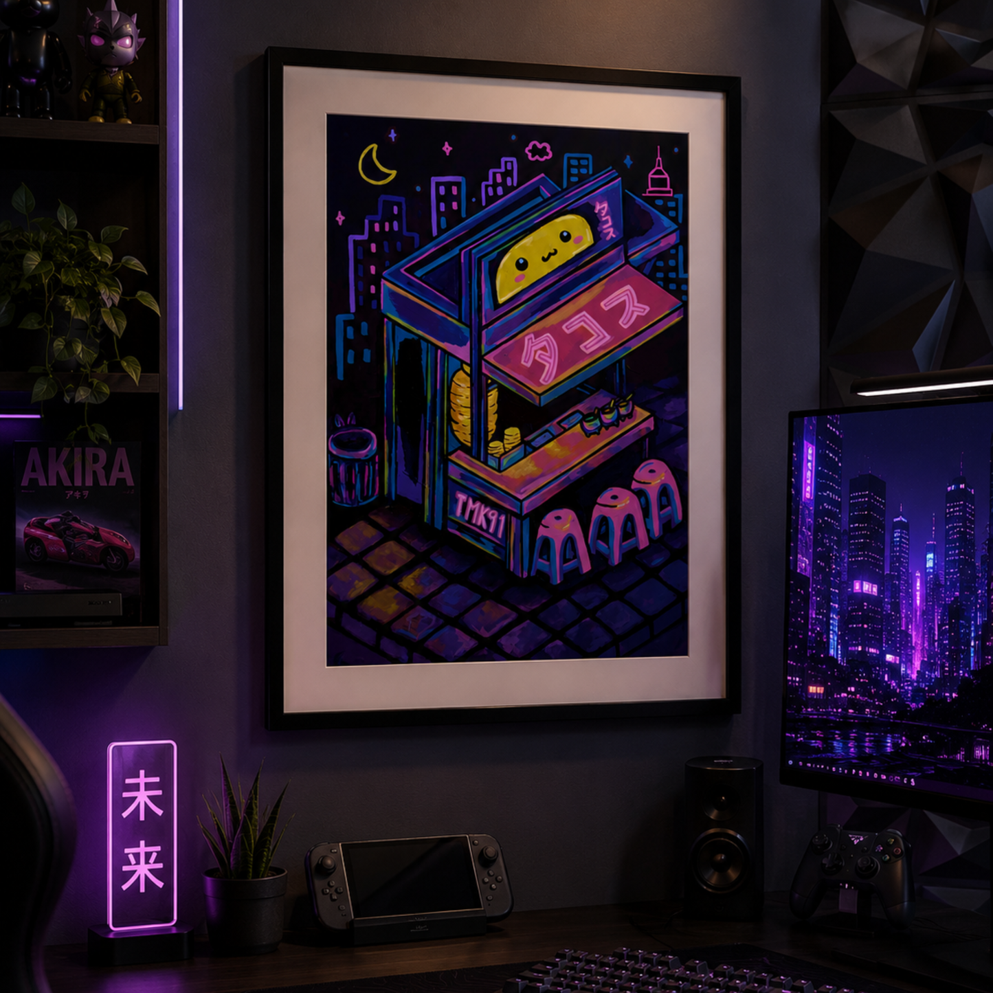 Taquitos Kawaii Neon Ciudad Neon Pintura Acrilica Original Obra de Arte