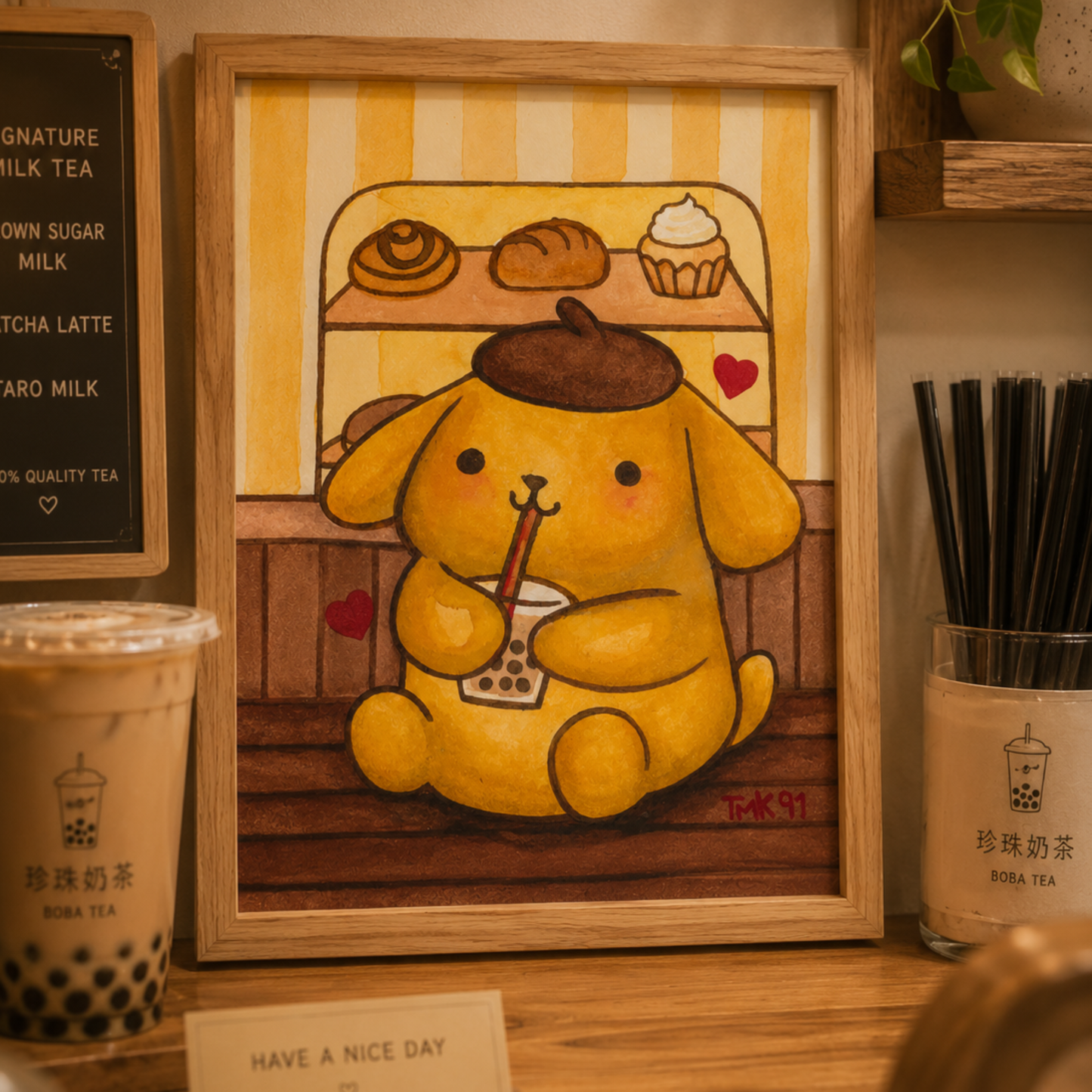 Pompomboba | Original Kawaii Café Watercolour Painting