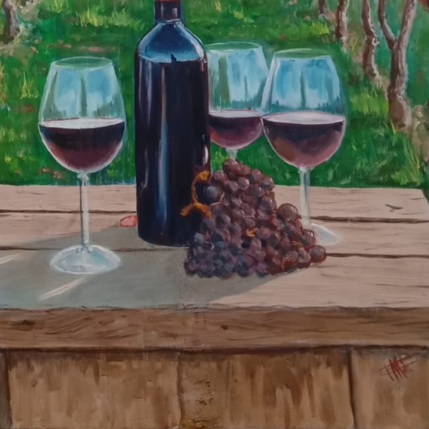 OBRA DE ARTE ORIGINAL - TRES COPAS Y VIÑEDO