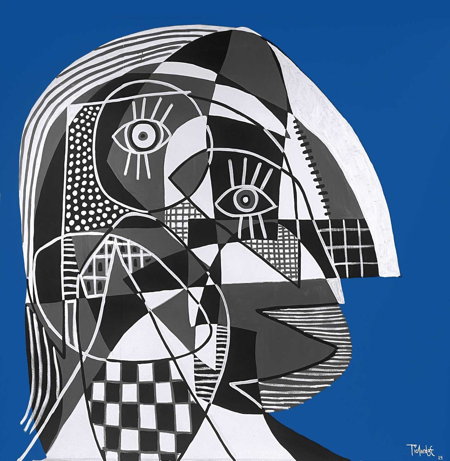 Retrato gris en fondo azul