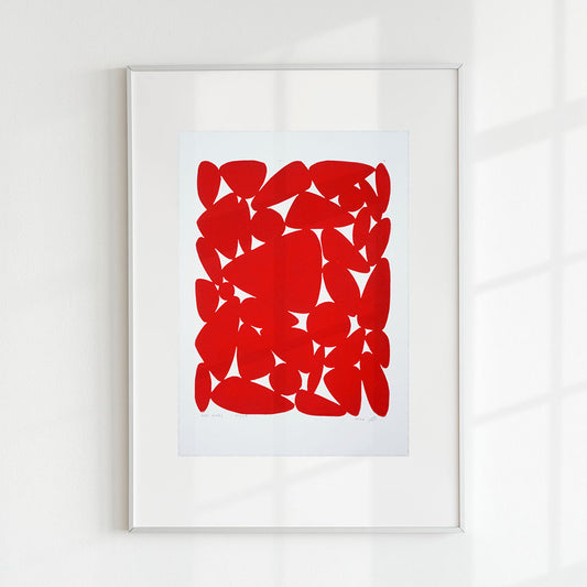 Pebbles Rojo - Grabado en linóleo - Arte decorativo