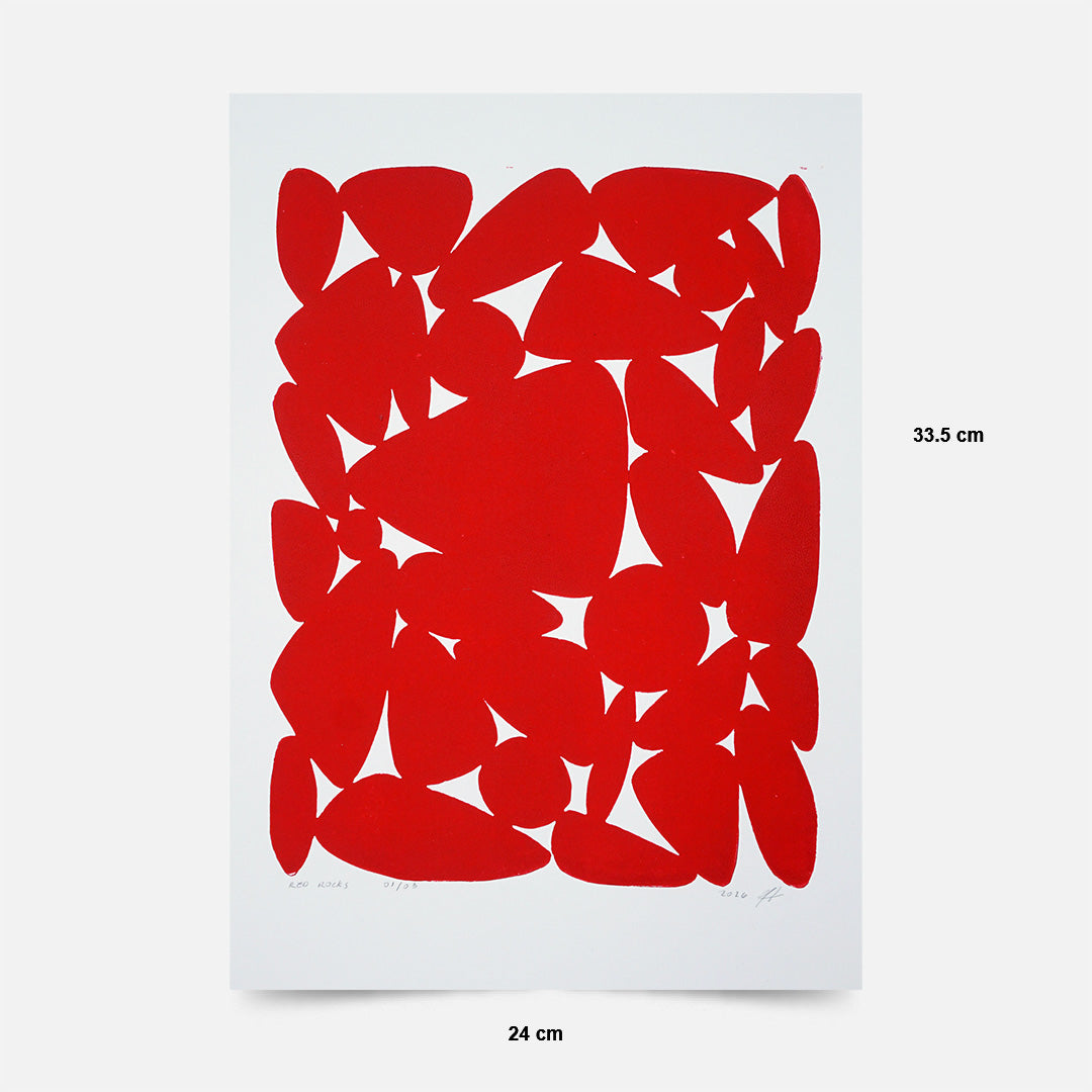 Pebbles Rojo - Grabado en linóleo - Arte decorativo