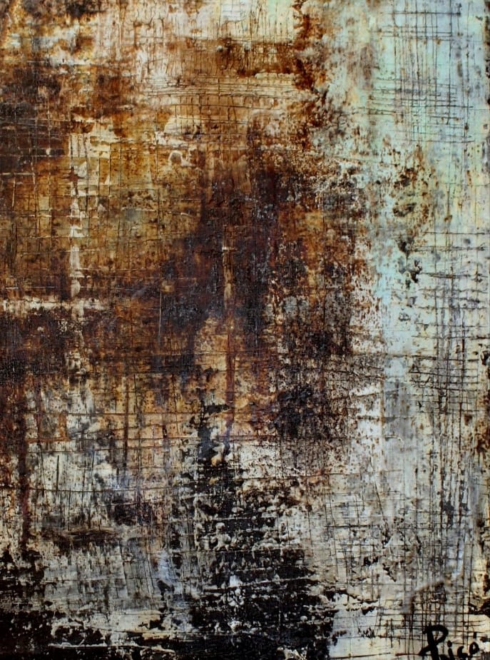 "Verde Café" combina la técnica mixta y encaústica para generar una obra de gran profundidad visual. Los colores terrosos, entreverados con capas de cera caliente, crean una sensación de desgaste y evolución. La interacción de la textura y los tonos sugiere una reflexión sobre la naturaleza y el cambio constante.
