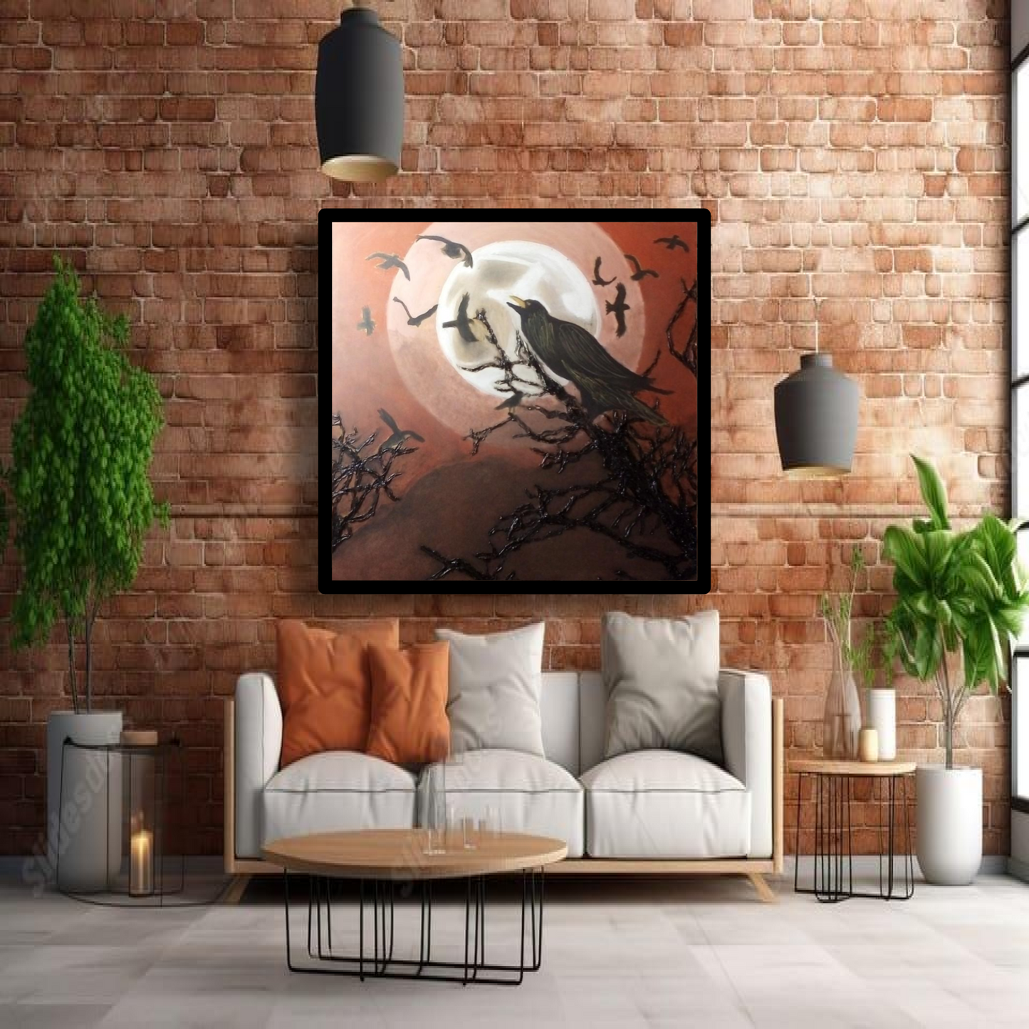 Arte Decorativo -El Sobrevolar Agónico De Un Cuervo De Su Hábitat En Llamas