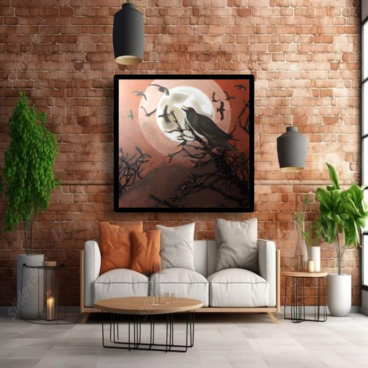 Arte Decorativo -El Sobrevolar Agónico De Un Cuervo De Su Hábitat En Llamas