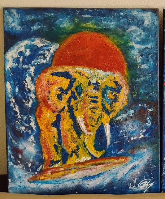 Obra de Arte Original - El elefante y La Gran Ola