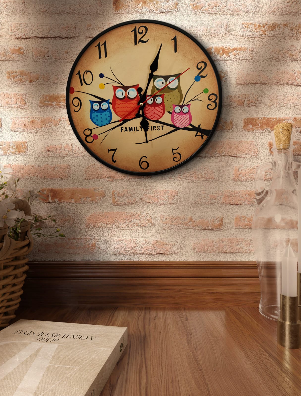 pintura, acrílico, madera, reloj, pared, familia, hogar