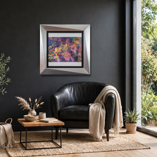 Pintura abstracta floral con relieves sobre un marco geométrico plateado - Cuadro Artístico - Mariposa Monarca