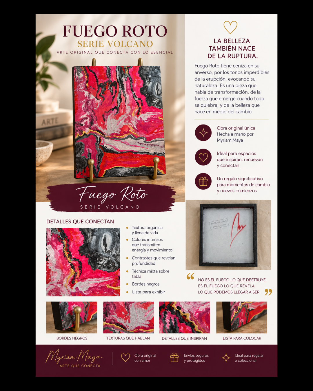 Pintura abstracta fluida en tonos magenta y plata con líneas doradas en relieve - Arte Contemporáneo - Fuego roto