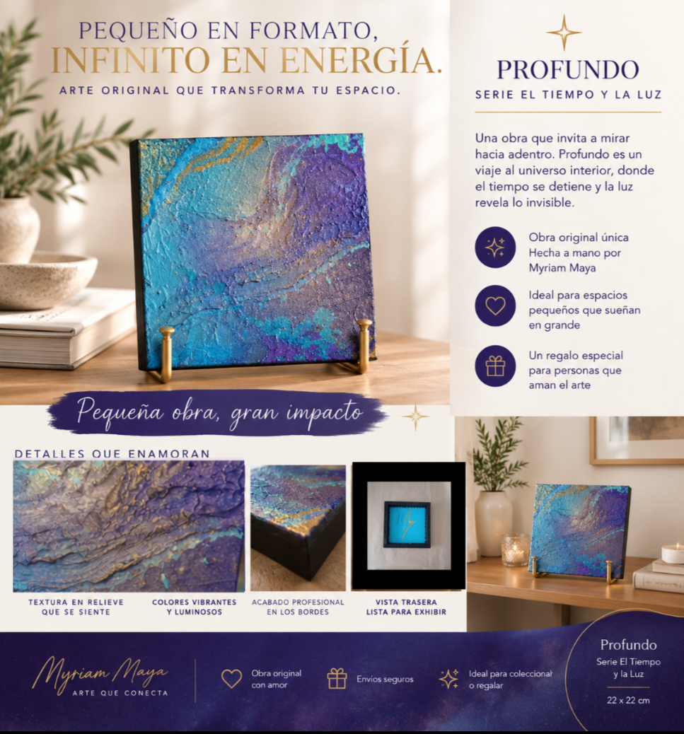 Obra texturizada de formato cuadrado en tonos violetas y azules con soporte metálico - Cuadro abstracto - Profundo