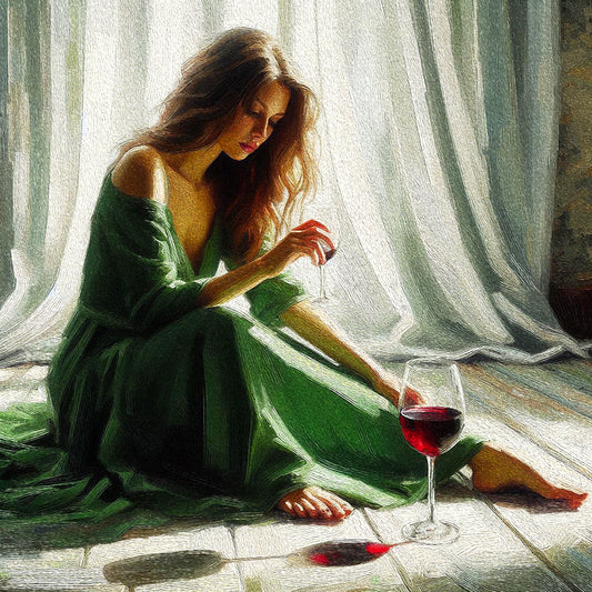 Mujer sentada con copa de vino