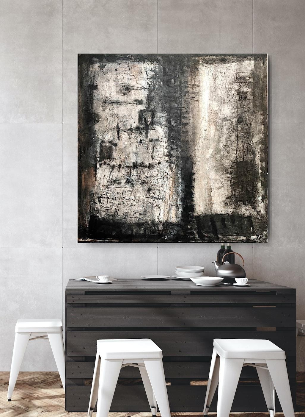 "Poesía del Blanco y Negro" explora el contraste entre la claridad y la oscuridad mediante la técnica mixta. Los trazos gestuales y las capas de pintura evocan emociones intensas, mientras que la composición abstracta sugiere una narración visual que invita al espectador a una interpretación personal y profunda.
