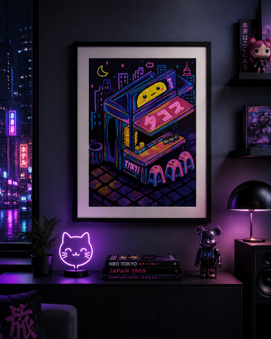 Taquitos Kawaii Neon City Acrylic Painting Original Artwork